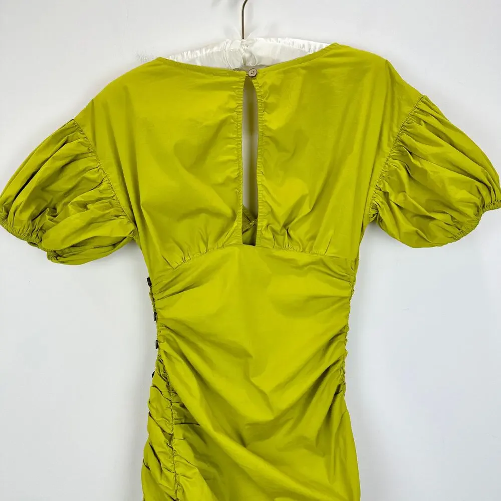 Free People Tastemaker Mini Dress Cotton Ruched Pleated Puff Sleeve Green XS